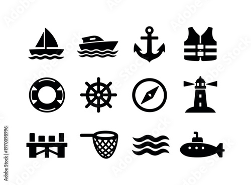 Marine and boating: sailboat, motorboat, anchor, life jacket, lifebuoy ring, ship wheel, compass, lighthouse, dock pier, fishing net, ocean waves