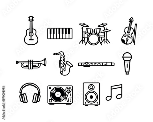 Music instruments collection: guitar, piano keyboard, drum set, violin, trumpet, saxophone, flute, microphone, headphones, DJ turntable, speaker
