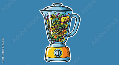 A whimsical blender filled with swirly shapes in various colors, conveying creativity and playfulness.
