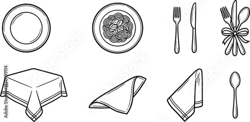 Elegant vintage table setting sketch plates cutlery napkin and decorative elements in black and white