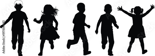 Group of active children silhouettes running and jumping together in a row featuring happy boys and girls playing outdoors for youthful energy concepts