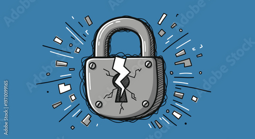 A broken lock explodes in a dynamic illustration, symbolizing security breach or freedom.