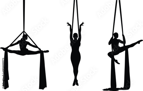 Graceful black silhouette set of aerial silk performers performing elegant acrobatic poses and gymnastics stretches suspended on fabric ribbons over white background.