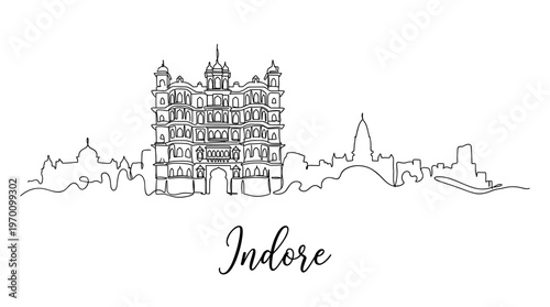 Indore city skyline with Rajwada Palace landmark isolated continuous line art vector
