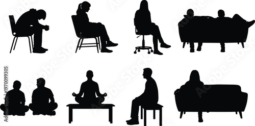 Highly detailed silhouettes of diverse people in various sitting poses including relaxing on sofas, meditating, resting on chairs, and cross-legged floor seating positions.