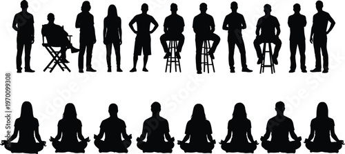 Large collection of black silhouette vector icons featuring diverse men and women in standing sitting and yoga meditation poses isolated on white background.