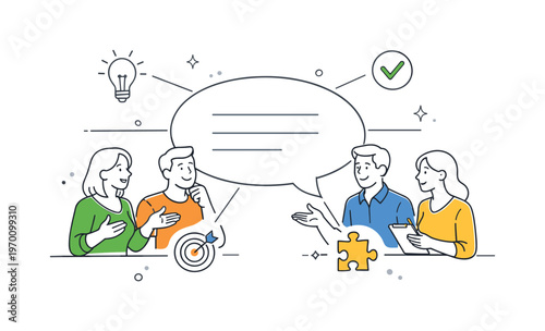 A team communication and clarity alignment scene featuring a small group exchanging ideas around a large speech bubble and connecting lines, using a