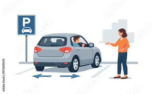 A car parking situation where a driver carefully maneuvers a vehicle into a designated space in a structured urban environment, a car and a parking