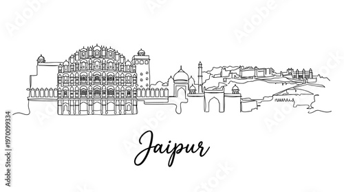 Jaipur India city skyline with Hawa Mahal landmark continuous line drawing vector illustration