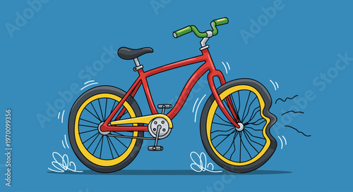 A vibrant cartoon bicycle with motion lines, conveying speed and energy, on a solid blue background.