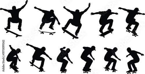 Large collection of black vector silhouettes featuring professional skateboarders performing various stunts jumps and flip tricks on skateboards over a white background.