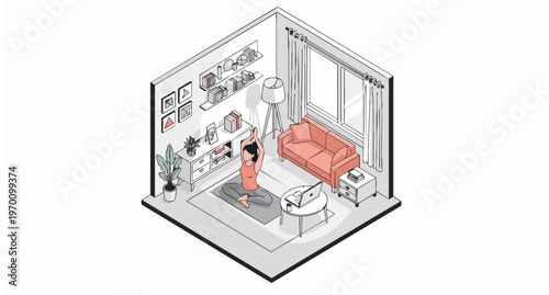 Isometric Illustration of a Woman Practicing Yoga at Home with Online Video Lesson on Laptop in a Modern Minimalist Living Room Interior