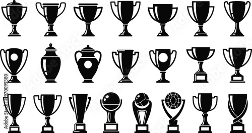Large collection of black trophy icons and award silhouettes in various shapes including cups and bowls representing victory success and achievement in sports.