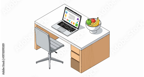 Modern isometric home office workspace with laptop, ergonomic chair, and healthy fruit bowl on a white background