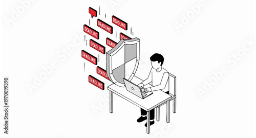 Isometric Business Concept of Man Protected by Shield from Falling Deadlines, Stress Management and Time Protection Illustration