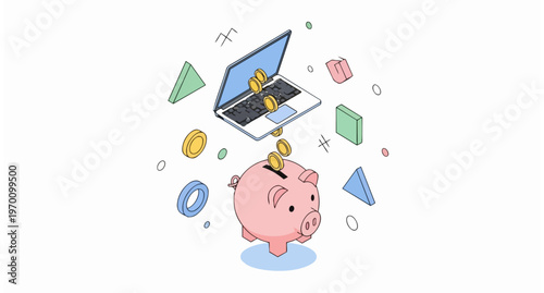 Digital Banking and Online Saving Concept Illustration with Laptop, Piggy Bank, and Coins in Isometric Line Art Style