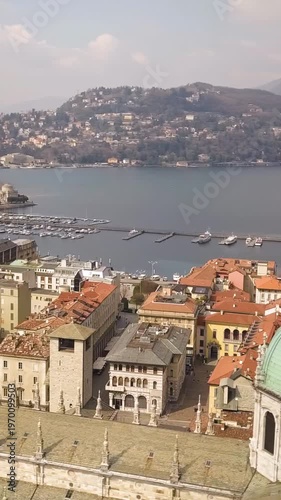 Aerial View of Lake Como and Como Cathedral Dome in Italy. Vertical video