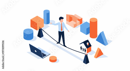 Work-Life Balance Concept: Businessman Walking on Tightrope Between Career and Family Life