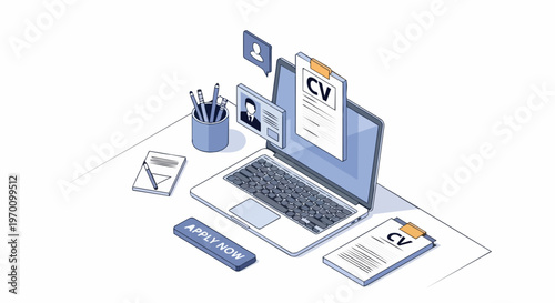 Isometric Job Application Concept with Laptop, Resume CV Documents, and Apply Now Button for Online Recruitment and Career Hiring Process