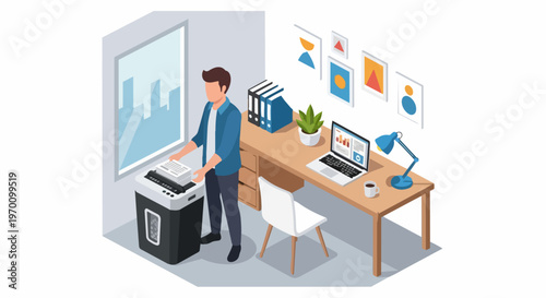 Isometric Illustration of Man Shredding Documents in Modern Office for Data Security and Privacy