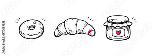 Breakfast sweets theme  a horizontal row of 3 related hand-drawn objects on a white background: a small donut with a hole and a tiny pink dot accent