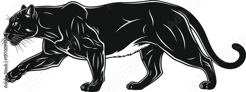 Powerful black panther vector illustration featuring a muscular stalking predator in a side profile view perfect for wildlife conservation mascot and sports logo design.