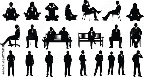 Professional business people silhouettes collection featuring corporate men and women in various poses including sitting on benches, meditating, standing, and office chair positions.