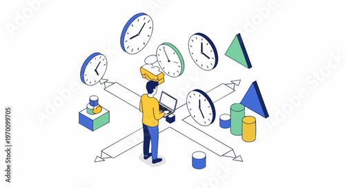 Isometric Time Management and Productivity Concept with Professional Man at Business Crossroads