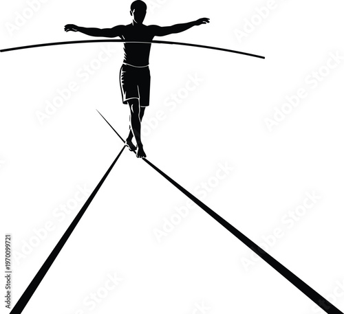 Professional male tightrope walker silhouette balancing on high wire cable against white background performing dangerous circus act extreme sport high altitude tightrope walking