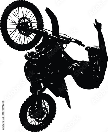 Professional motocross rider silhouette performing extreme midair stunt jump on dirt bike motorcycle isolated on white background for sports action racing design projects