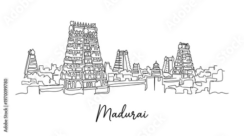 Madurai India city skyline with Meenakshi temple continuous line drawing vector illustration