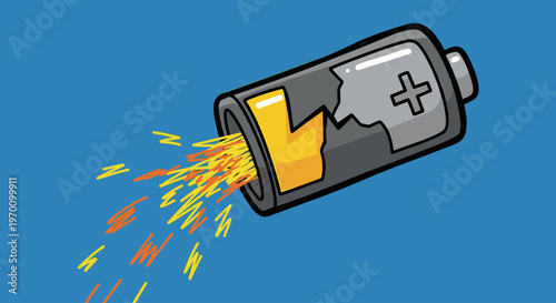 A cartoon battery emits sparks, symbolizing low energy and exhaustion, against a blue background.