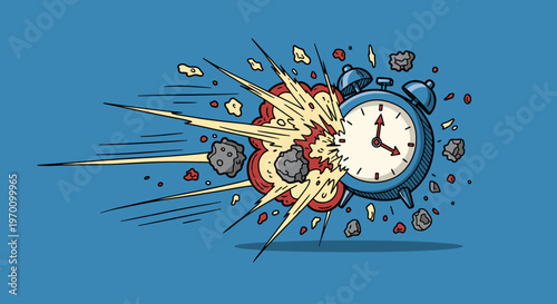 A cartoon-style illustration of an alarm clock exploding with dynamic motion lines and debris flying everywhere, conveying a sense of urgency and chao