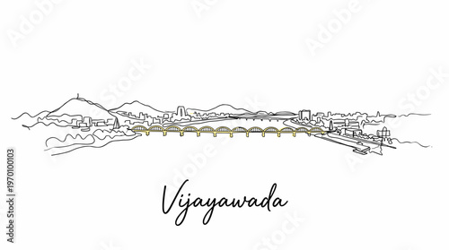 Minimalist one line drawing of Vijayawada skyline and Prakasam Barrage vector