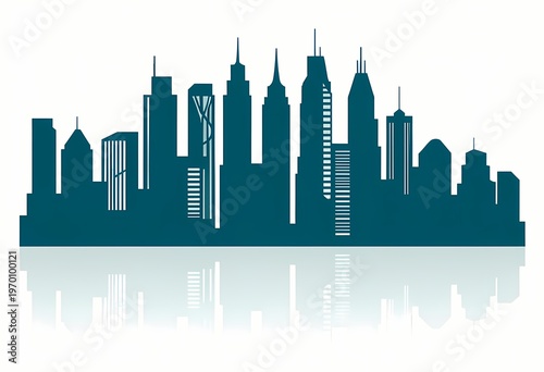 minimalist vector illustration of a city skyline silhouette in a monochromatic deep teal blue. The skyscrapers feature varied geometric designs with clean lines and stylized window patterns.