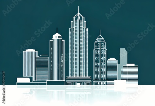 minimalist vector illustration of a city skyline silhouette in a monochromatic deep teal blue. The skyscrapers feature varied geometric designs with clean lines and stylized window patterns.