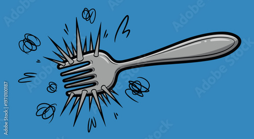 A cartoon illustration of a fork exploding with dynamic lines and motion blur on a blue background, conveying energy and action.