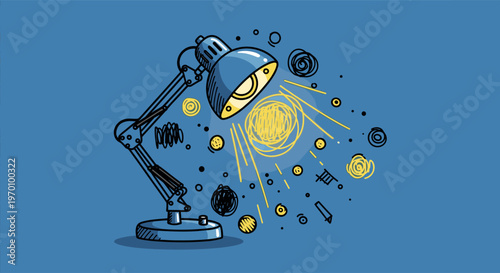 A creative illustration of a desk lamp shining light on abstract ideas and inspiration.
