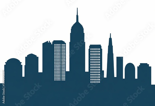 minimalist vector illustration of a city skyline silhouette in a monochromatic deep teal blue. The skyscrapers feature varied geometric designs with clean lines and stylized window patterns.