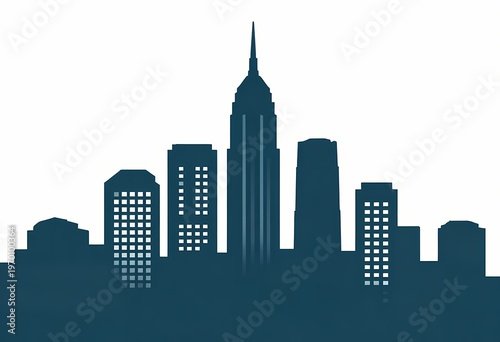 minimalist vector illustration of a city skyline silhouette in a monochromatic deep teal blue. The skyscrapers feature varied geometric designs with clean lines and stylized window patterns.