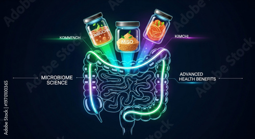 Human digestive system anatomy connected to fermented foods for microbiome science health benefits illustration