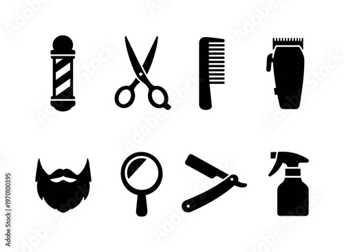 Barber shop: barber pole, scissors, comb, hair clipper, shaving razor, mirror, beard silhouette, spray bottle