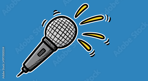 A dynamic illustration of a microphone with spotlight beams, evoking a sense of excitement and performance