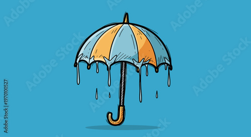 A cartoon-style illustration of an umbrella melting in the rain on a blue background, conveying a sense of surrealism and unexpected weather.
