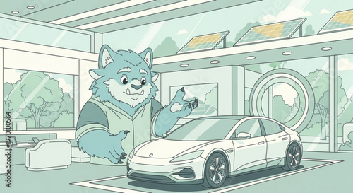 Anthropomorphic blue wolf in modern professional attire showcasing a white electric vehicle in a sustainable showroom