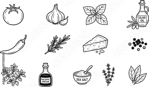 Hand drawn culinary herbs spices and gourmet food items in a black and white sketch style