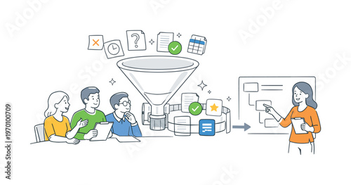 A clear workflow entry filtering scenario where a team screens incoming tasks and allows only relevant items into the process during a planning