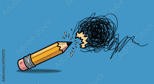 A cartoon pencil breaks into a messy scribble on a blue background, conveying frustration and creative block.