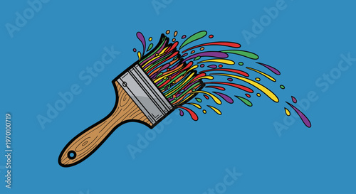 A vibrant paint brush with a wooden handle and metal ferrule, exploding with colorful paint splatters against a blue background, conveying creativity 