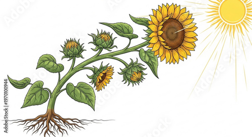 Sunflower plant heliotropism stages showing movement towards sunlight throughout the day